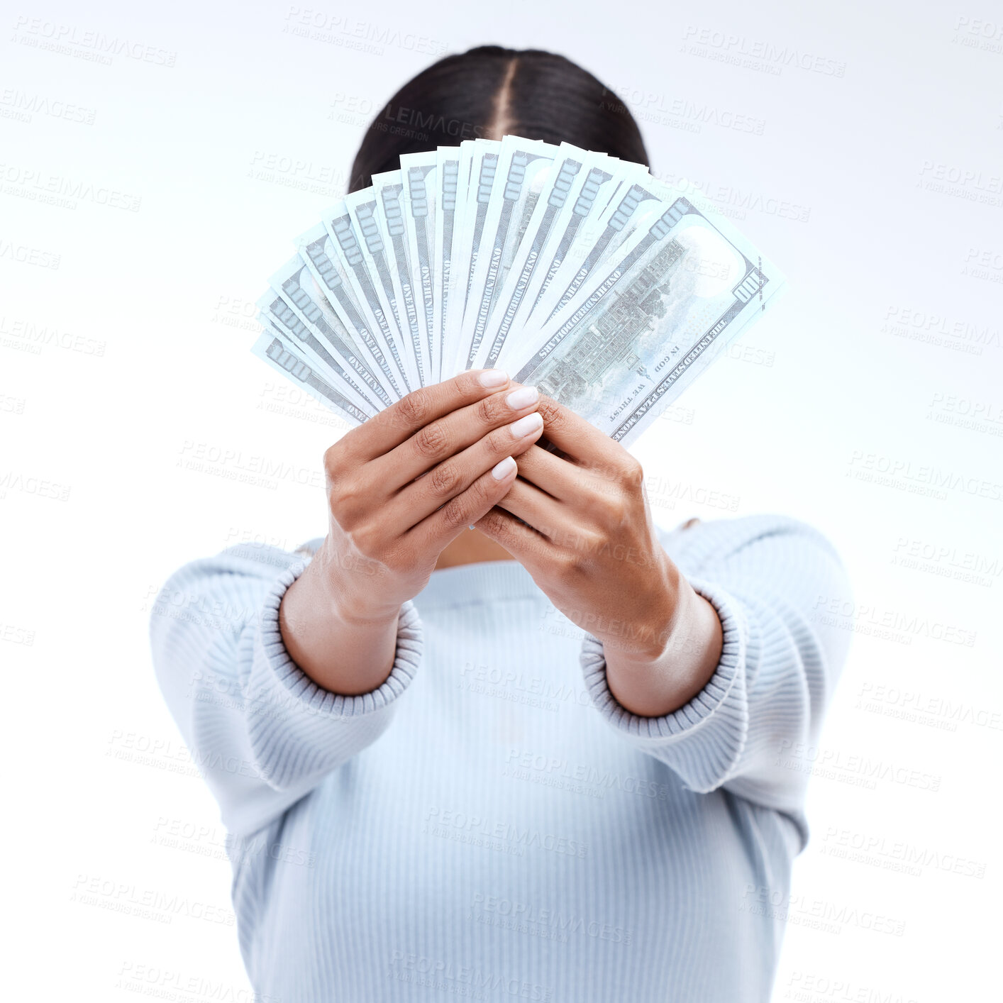 Buy stock photo Dollar money, hands or studio woman with lottery award win, competition giveaway or bonus cash payment. Finance trading bills, financial freedom or prize winner with person hidden on white background