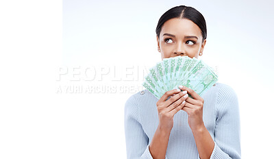 Buy stock photo Studio money, thinking face and woman contemplating lottery, mockup competition giveaway or euro cash award. Advertising mock up, financial payment idea or casino prize winner on white background