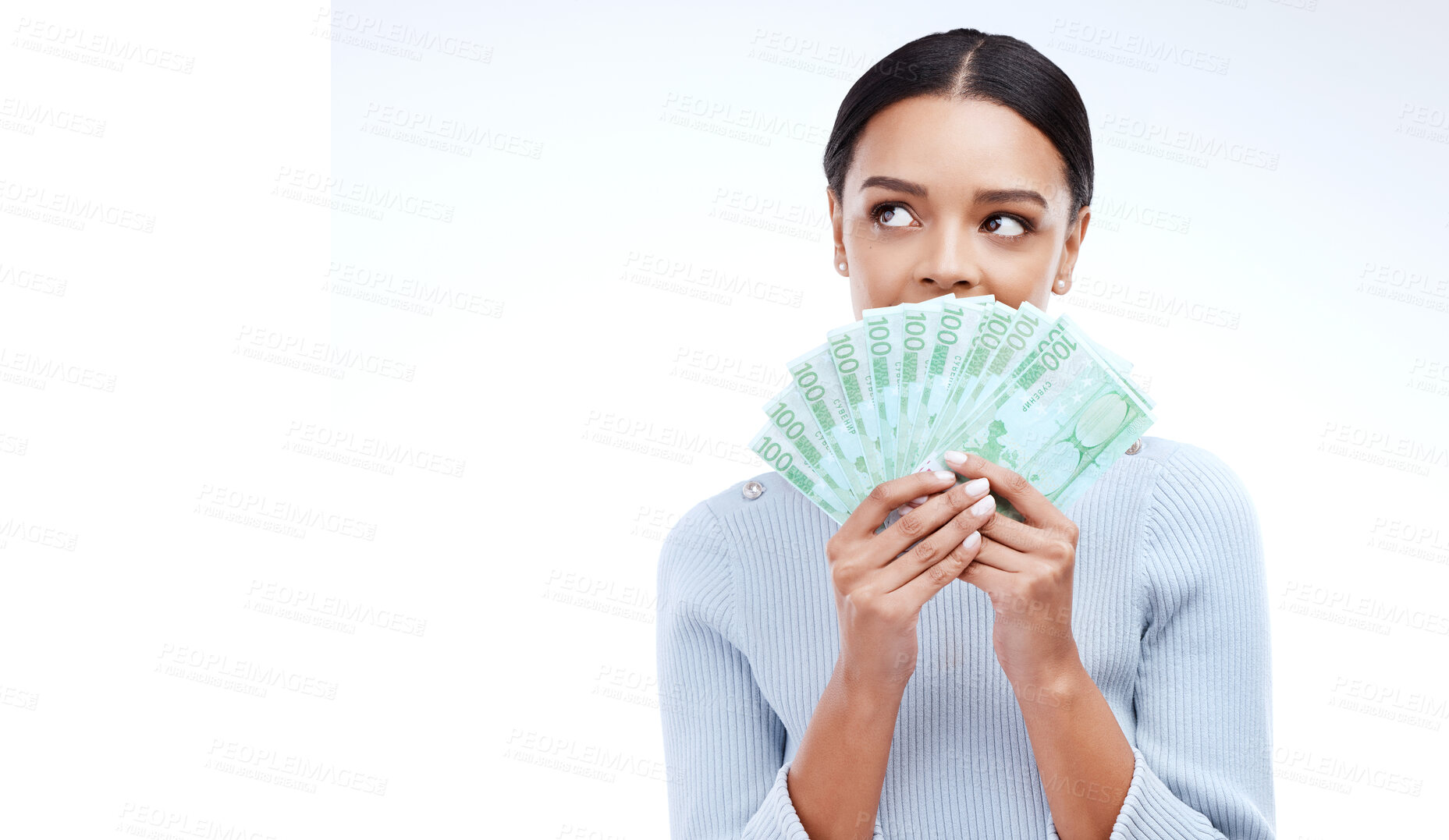 Buy stock photo Studio money, thinking face and woman contemplating lottery, mockup competition giveaway or euro cash award. Advertising mock up, financial payment idea or casino prize winner on white background