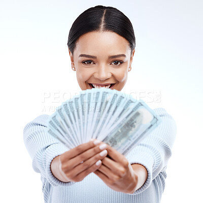 Buy stock photo Dollar money, face portrait and happy woman with lotto win, competition giveaway or studio cash award. Financial freedom, bonus or female winner of poker, prize or casino gambling on white background