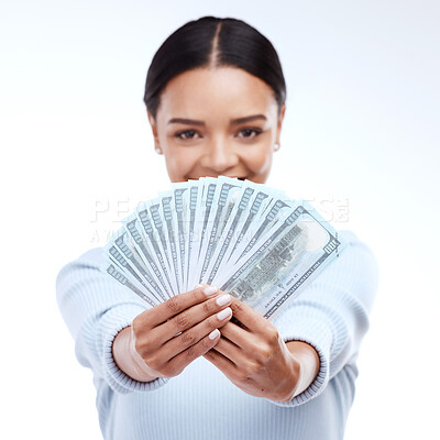 Buy stock photo Dollar money, studio portrait or woman face with lottery win, competition giveaway or cash dollar award. Finance trading, salary or prize winner of poker, deal or casino gambling on white background