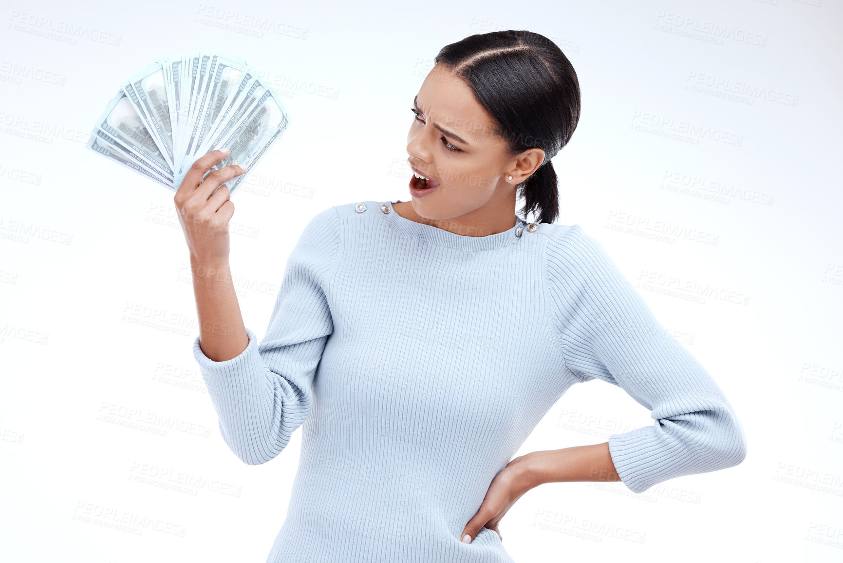 Buy stock photo Woman, surprise and cash fan in studio with excited face, shock or winning of prize, bonus or profit. Model, winner girl and isolated person with wow for money, investment or win by white background