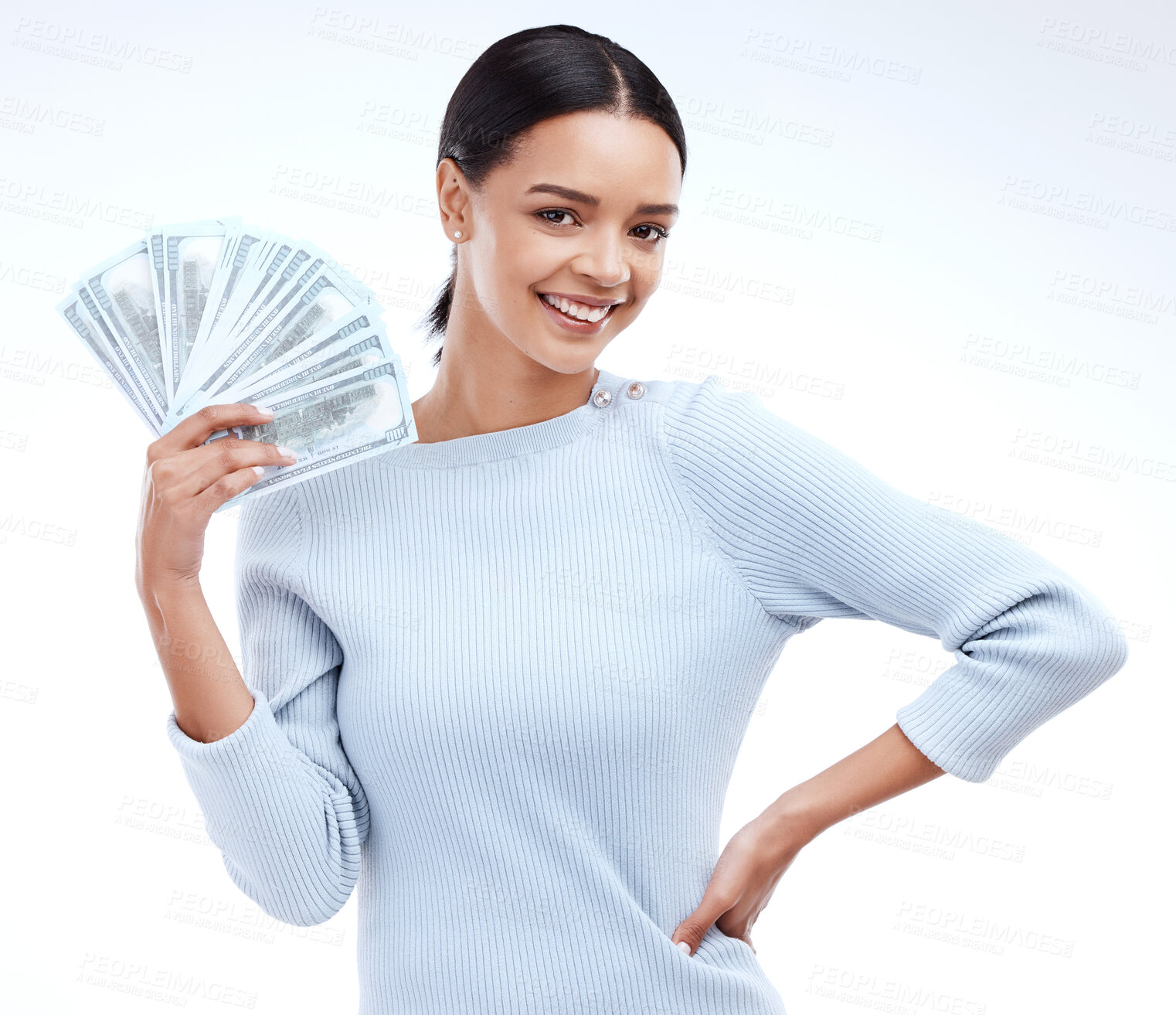 Buy stock photo Studio cash money, portrait and happy woman with lottery win, competition giveaway or dollar bills award. Finance bonus, payment or prize winner of poker, bingo or casino gambling on white background