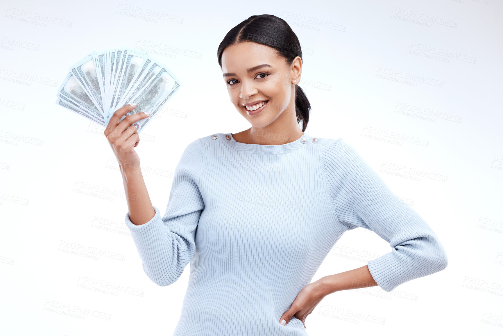 Buy stock photo Portrait, happy and woman with money in studio for investment, savings and growth on white background. Face, smile and cash for young female excited about financial freedom, lottery or winning prize