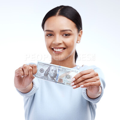 Buy stock photo Woman, hands and portrait smile with money, cash or dollar isolated against white studio background. Happy female smiling holding profit, budget or investment for loan, success or financial freedom