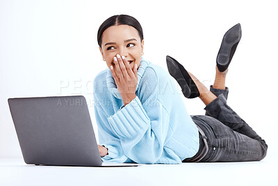 Buy stock photo Studio, floor and woman with a laptop, smile and excited girl isolated on a white studio background. Female model, happy or person with device, connection or communication with joy, funny or cheerful