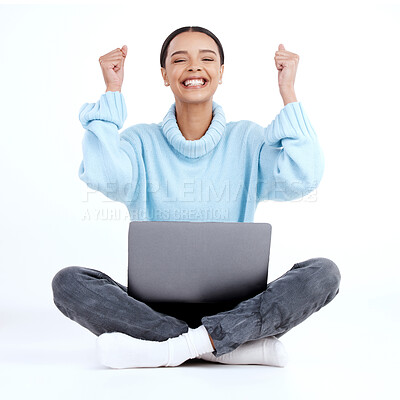 Buy stock photo Celebration portrait, laptop winner and happy woman celebrate victory news, winning achievement or finish project. Student fist pump, success announcement or excited studio person on white background