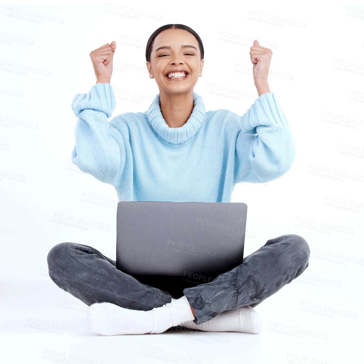 Buy stock photo Celebration portrait, laptop winner and happy woman celebrate victory news, winning achievement or finish project. Student fist pump, success announcement or excited studio person on white background