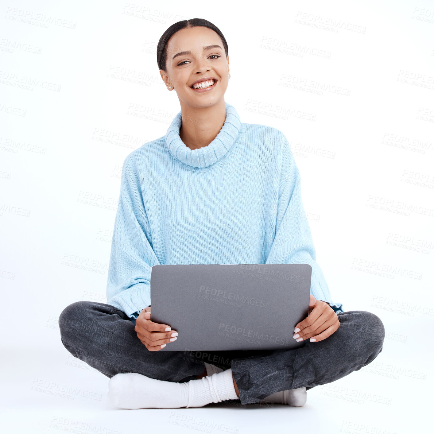 Buy stock photo College woman, portrait and laptop in a studio with happiness from student work. Isolated, white background and happy female working on a computer ready for studying and web learning on ground