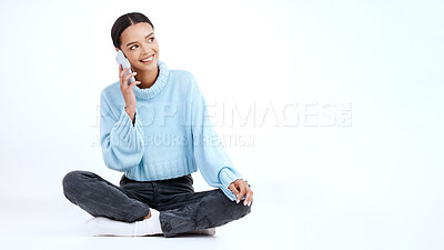 Buy stock photo Phone call, relax and happy woman talking on studio conversation, communication or discussion with cellphone contact. Mockup, mobile smartphone and gen z person speaking on white background floor