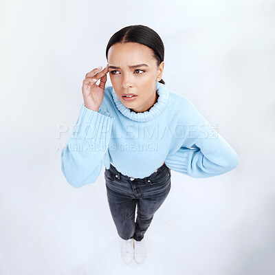 Buy stock photo Thinking, above and woman in a studio feeling frustrated and confused from planning question. Isolated, white background and young person with stress, anxiety and burnout alone while in doubt