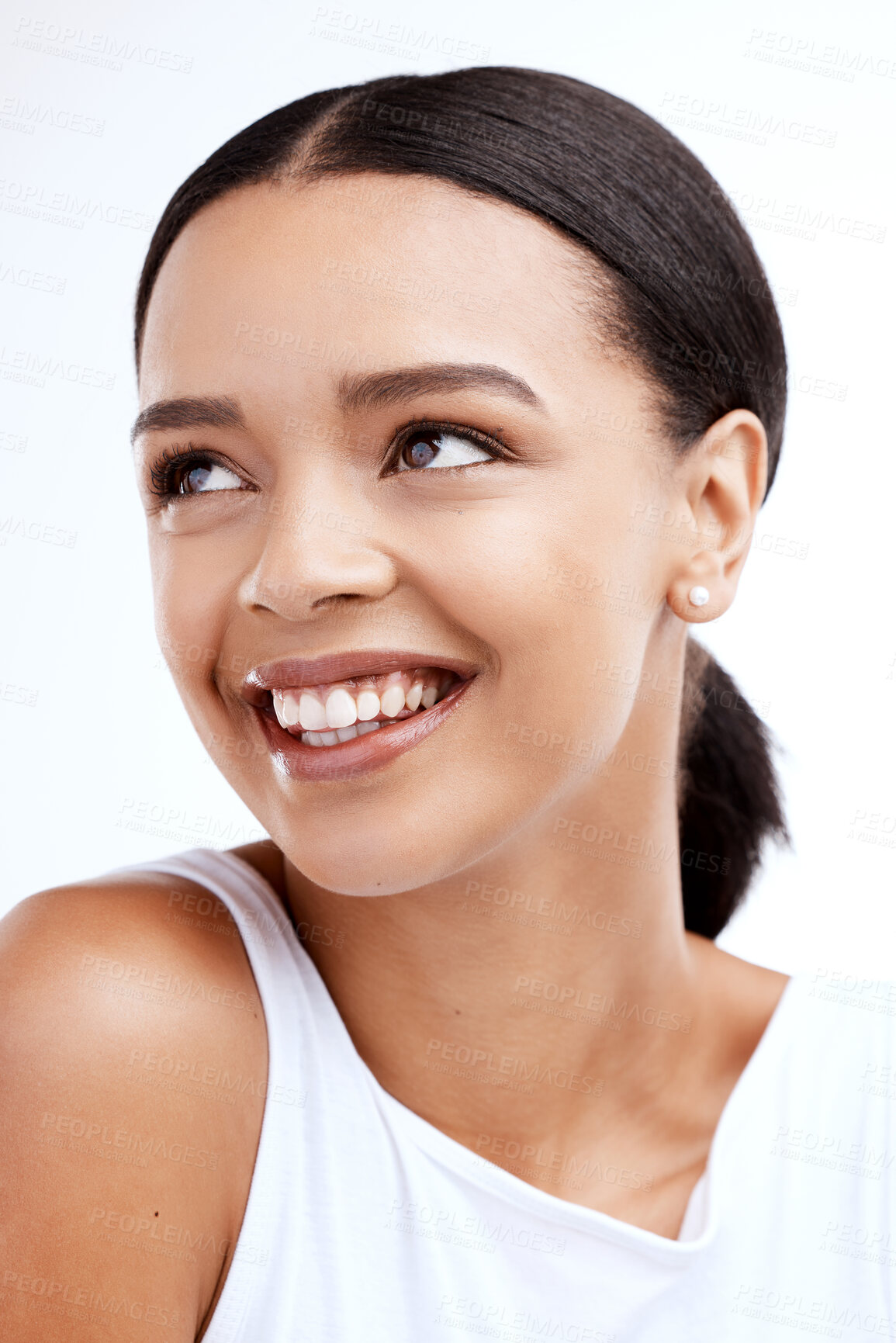 Buy stock photo Smile, beauty and face of woman on a white background for self love, confidence and happiness in studio. Skincare, salon mockup and isolated happy girl with natural makeup, cosmetics and wellness