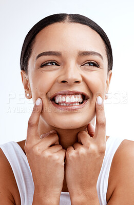 Buy stock photo Dental, smile and mouth care for woman in studio for teeth whitening, hygiene and treatment on white background. Oral, cleaning and girl happy with invisible braces, veneers and tooth implants 