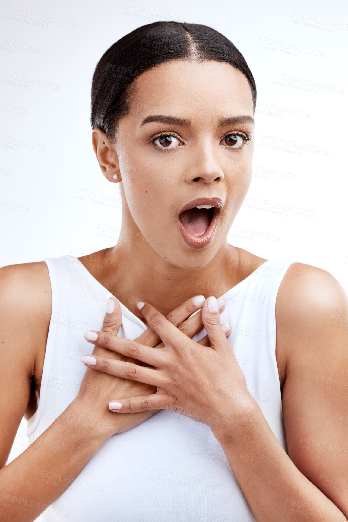 Buy stock photo Surprise, shocked and portrait of woman in studio for news, announcement and notification. Wow, crazy and excited with female isolated on white background for achievement, mind blown and amazed