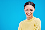Happy, mockup and portrait of woman in studio for relax, beauty and natural makeup. Cosmetics, mindset and happiness with face of female isolated on blue background for glow, cool and satisfaction