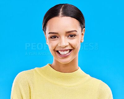 Buy stock photo Happy, smile and portrait of woman in studio for relax, beauty and natural makeup. Cosmetics, mindset and happiness with face of female isolated on blue background for glow, cool and satisfaction