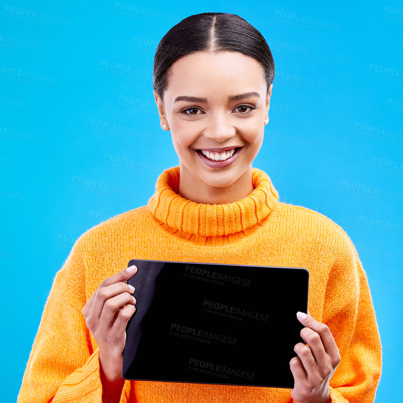 Buy stock photo Tablet, mockup and smile with portrait of woman in studio for website, technology and social media. Networking, internet and connection with female on blue background for app, announcement and search