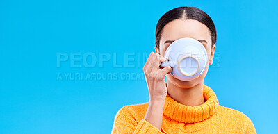 Buy stock photo Cup, woman and drinking coffee on blue background, relax and enjoying a warm beverage on against a blue background. Tea, mug and girl relaxing on break with drink, caffeine or espresso in studio