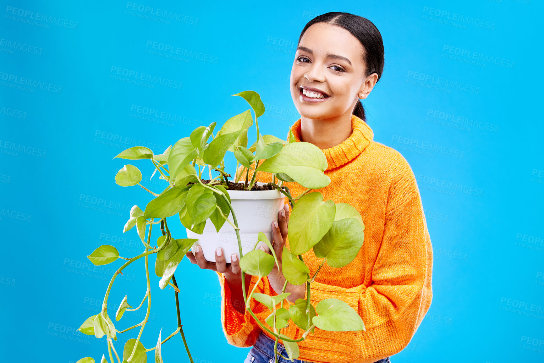 Buy stock photo Portrait of woman on blue background with plant, smile and happiness with house plants in studio. Gardening, sustainable and green hobby for happy gen z girl on mockup for eco friendly garden shop.