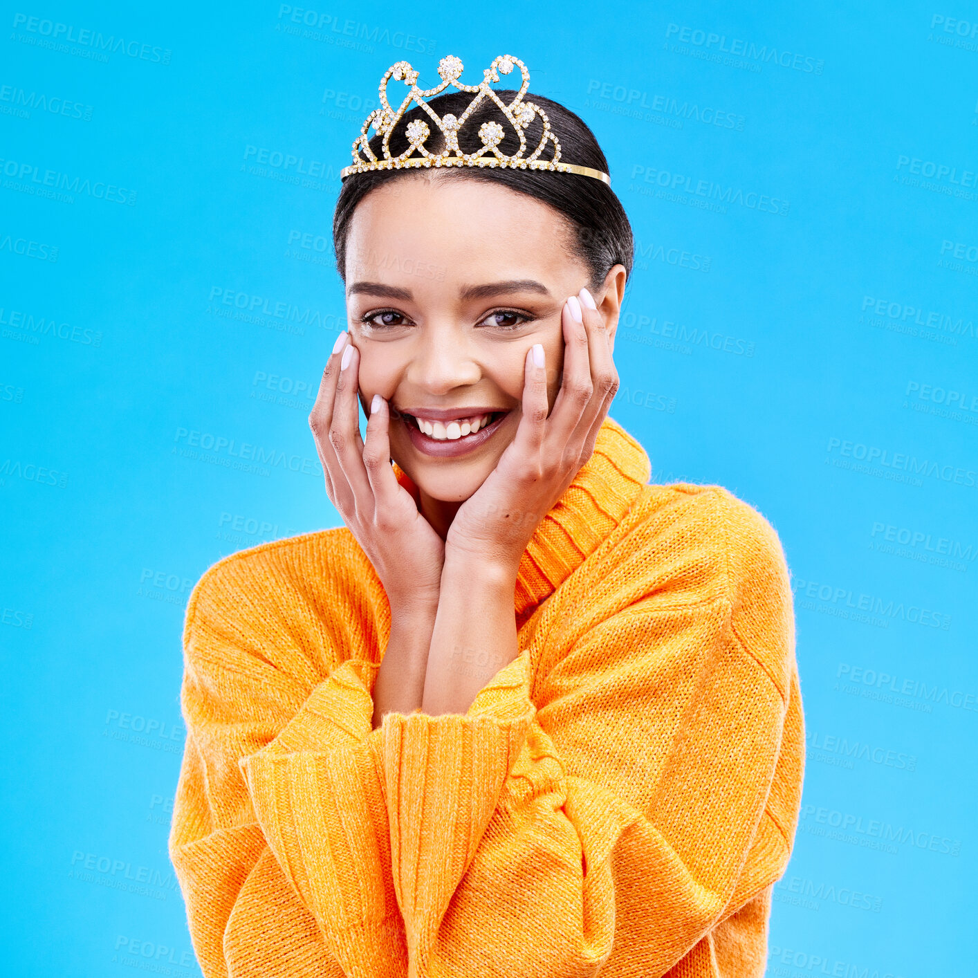 Buy stock photo Happy, crown and portrait of woman in studio for celebration, princess and party. Smile, beauty and fashion with female and tiara on blue background excited for achievement, winner and prom event