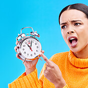 Staring At Clock Rage Frustrated, time and woman with an alarm clock, late and angry against ...