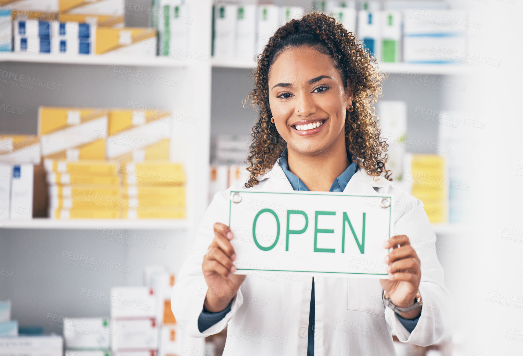 Buy stock photo Open sign, medical board and woman portrait in a pharmacy with a billboard. Working, pharmacist poster and healthcare worker with a smile from retail store opening for pill and medicine shop