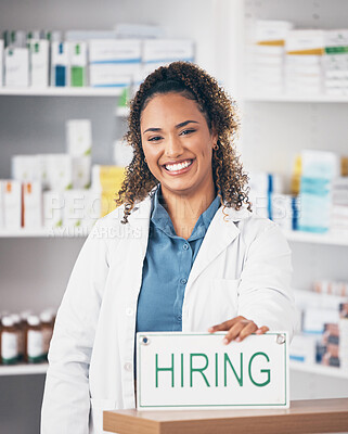 Buy stock photo Pharmacy woman, smile and poster in portrait for hiring, job and opportunity in healthcare store. Pharmacist, small business owner and paper for recruitment, onboarding and announcement for medicine