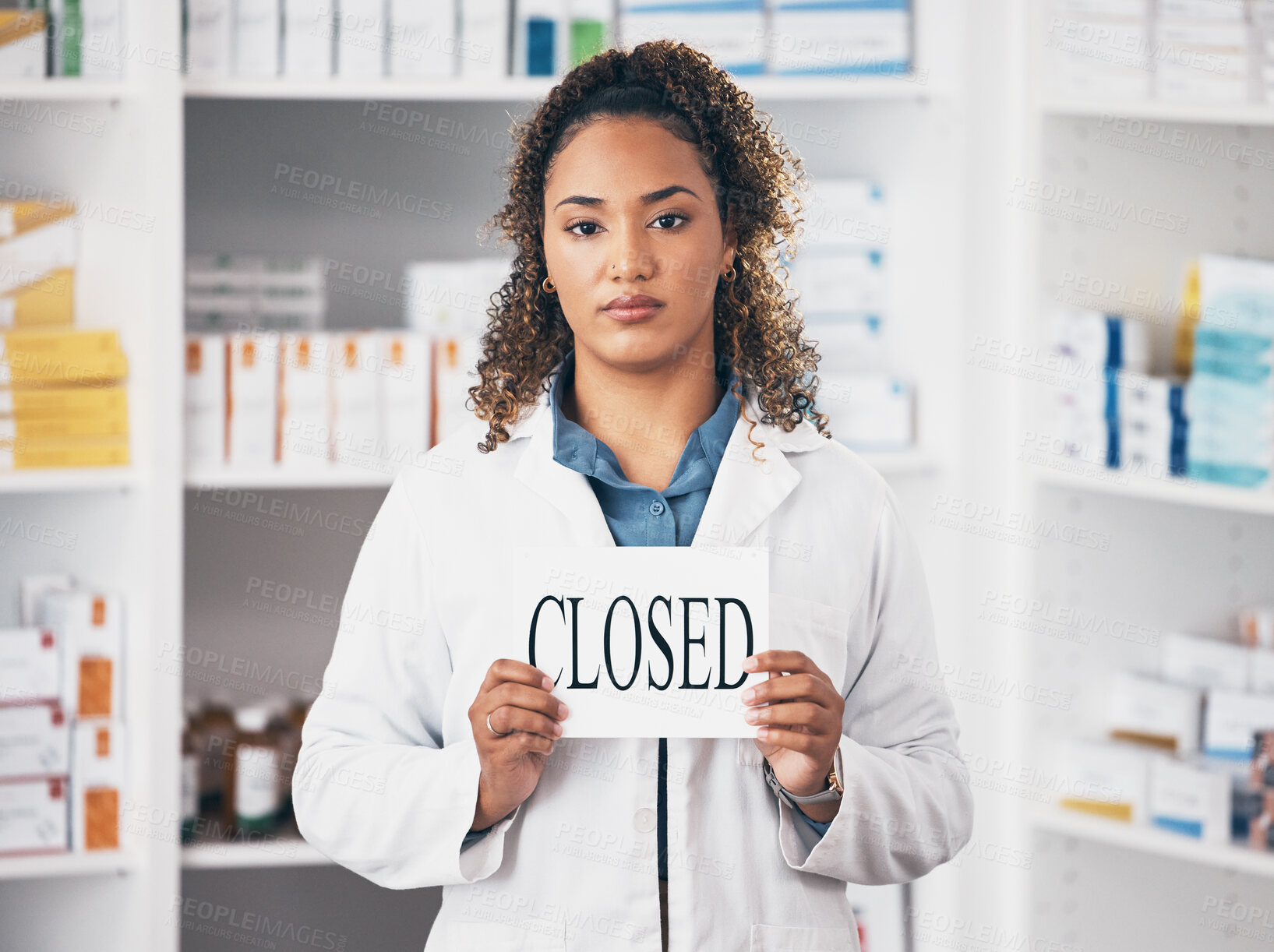 Buy stock photo Portrait, woman and closed sign of store, pharmacy and shop in recession, bankruptcy and economy. Serious female pharmacist advertising retail closing with poster, board and announcement in drugstore