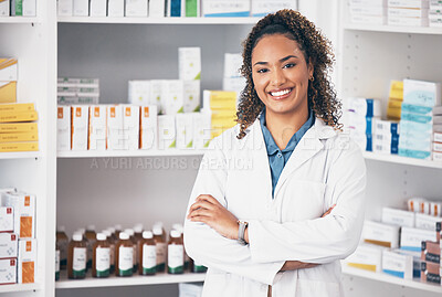 Buy stock photo Pharmacy, pharmacist or portrait of woman with arms crossed or smile in customer services or clinic. Healthcare help desk, wellness or happy doctor smiling by medication on shelf in drugstore 