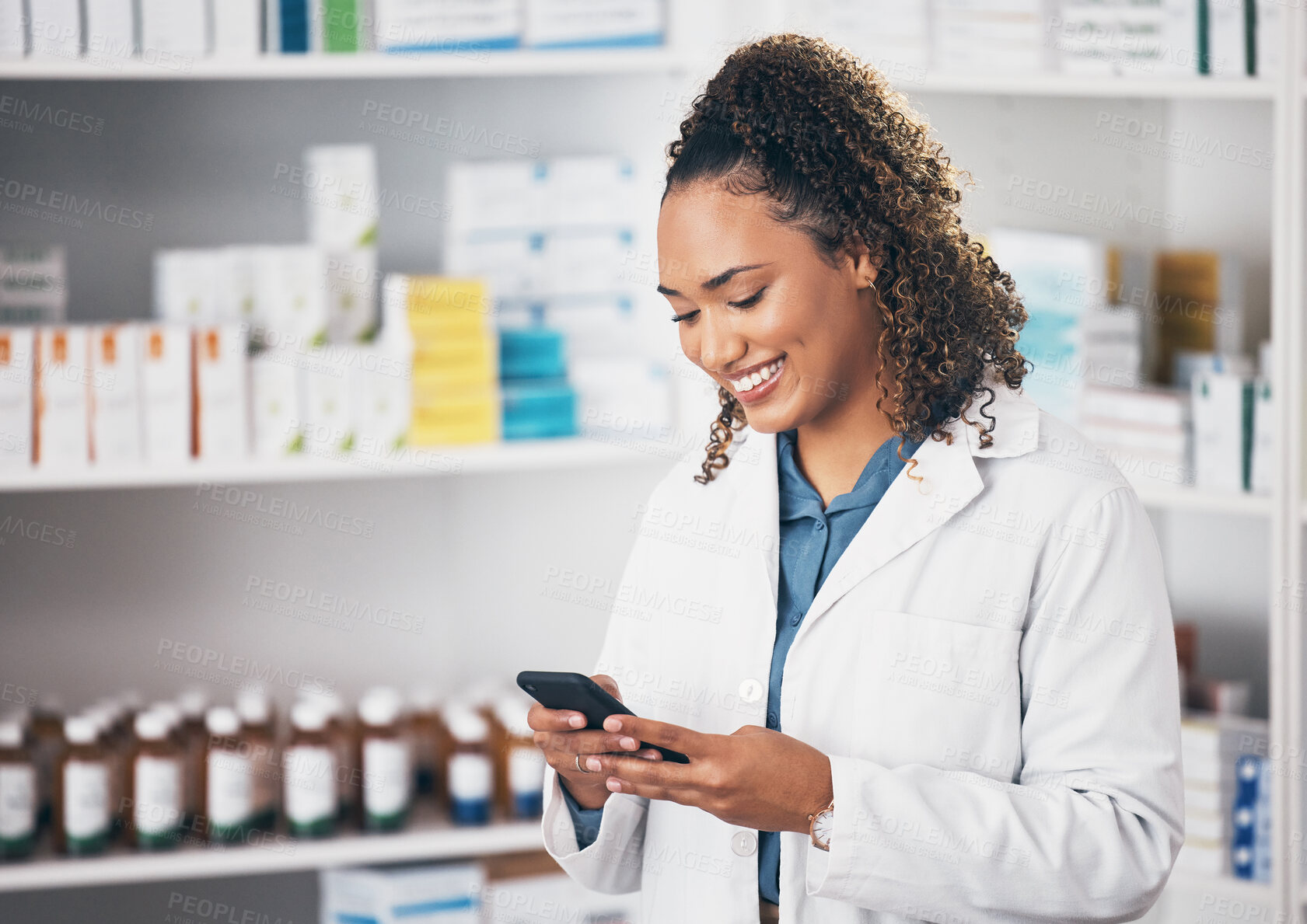 Buy stock photo Pharmacist, smile and woman with smartphone, connection and telehealth with mobile app, social media and texting. Female employee, happy person and healthcare professional with cellphone and chatting