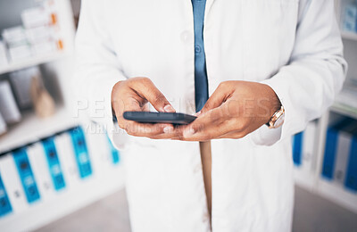 Buy stock photo Pharmacist, phone or hands of person texting in pharmacy to contact, email communication or reading chat. Social media or doctor on mobile app, typing or searching medical news on internet at work 