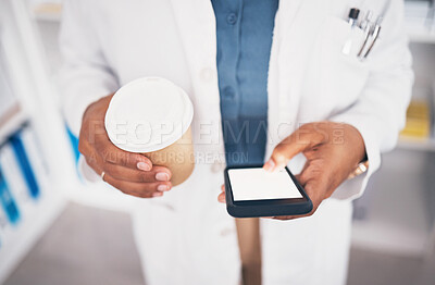 Buy stock photo Pharmacist, phone or hands of person with coffee texting in pharmacy to contact email or online chat. Social media, mockup space or doctor on mobile app, typing or searching medical news on tea break