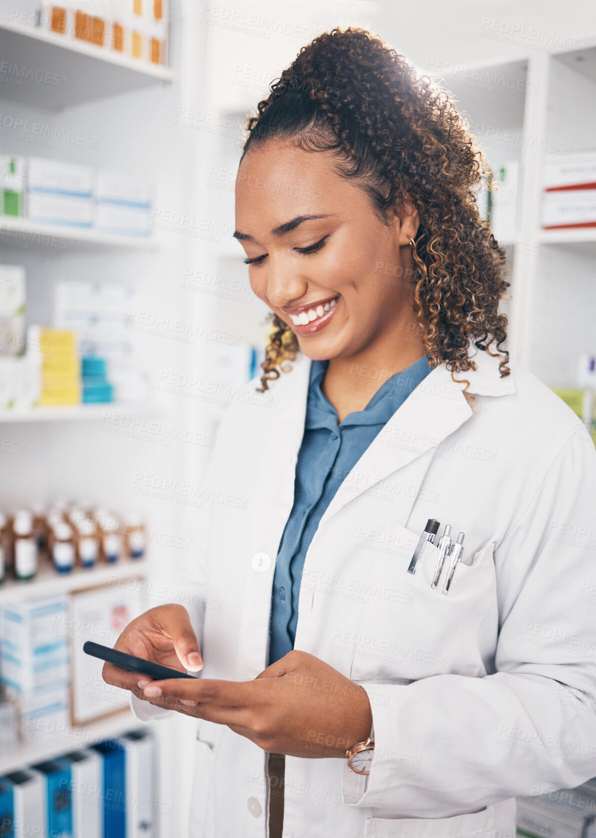 Buy stock photo Pharmacy, smile and woman with smartphone, typing and connection for telehealth, social media and chatting. Female employee, person and pharmacist with cellphone, mobile app and texting with network