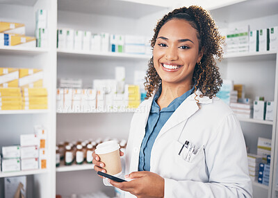 Buy stock photo Pharmacist, phone or portrait of happy woman with coffee texting in pharmacy to contact email or online chat. Social media, smile or doctor on mobile app typing to search medical news on tea break 