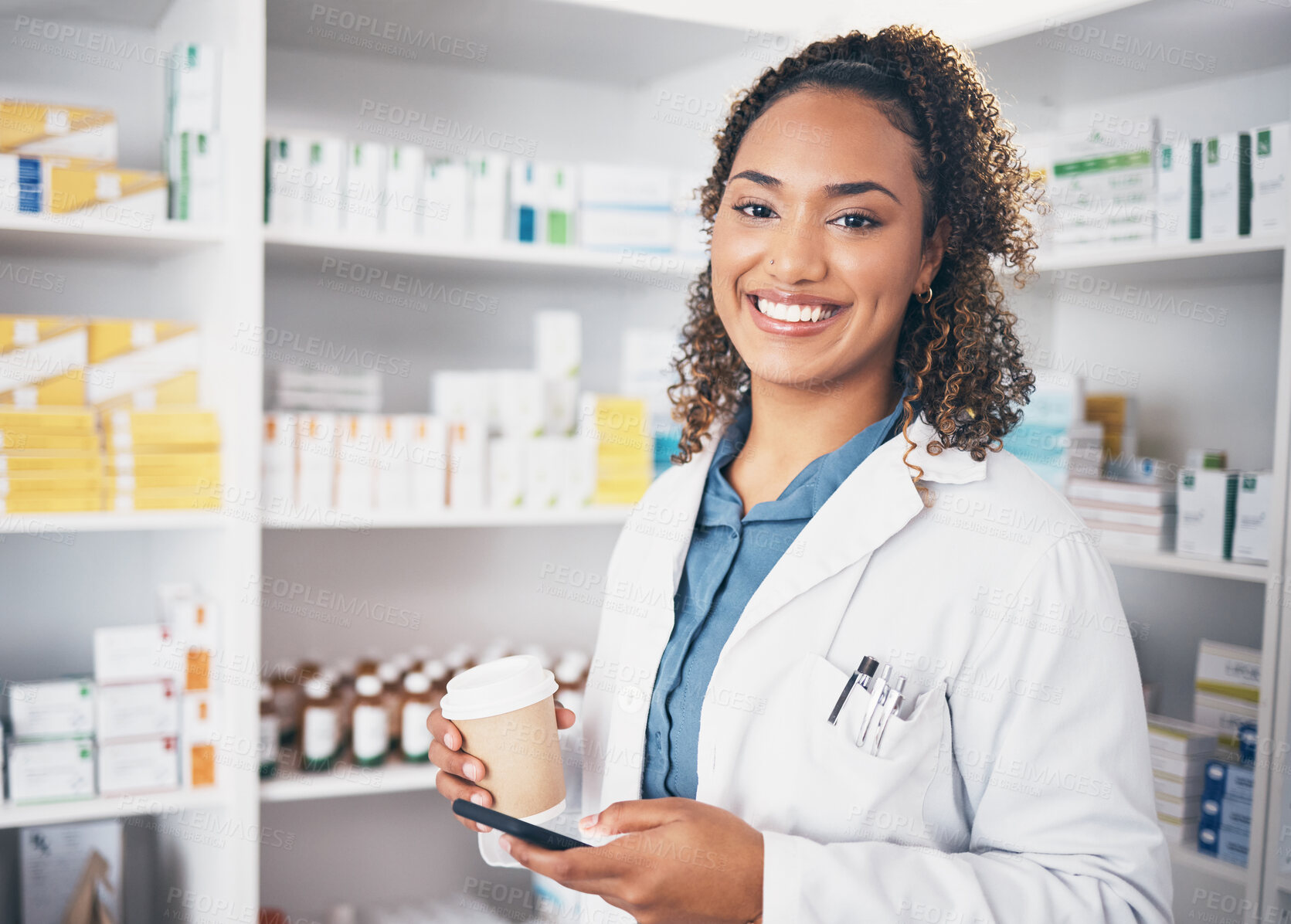 Buy stock photo Pharmacist, phone or portrait of happy woman with coffee texting in pharmacy to contact email or online chat. Social media, smile or doctor on mobile app typing to search medical news on tea break 