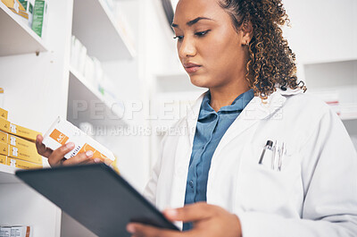 Buy stock photo Tablet, stock and healthcare with a pharmacist woman at work to fill an online order or prescription. Medical, product and insurance with a female working as a medicine professional in a pharmacy