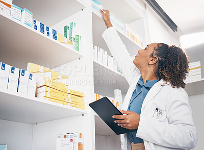 Buy stock photo Pharmacy product, shelf and tablet of woman for medicine management, stock research or medical inventory. Digital technology, logistics and medical doctor or pharmacist for pharmaceutical e commerce