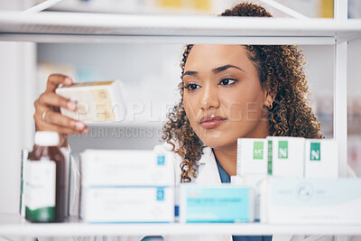 Buy stock photo Reading, pharmacy or woman with medicine pills or supplements products to check drugs inventory. Retail store, healthcare clinic or female pharmacist with boxes of medical vitamins or stock on shelf 