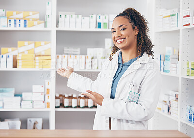 Buy stock photo Pharmacist woman, portrait and counter help, choice or show medicine stock, product and happy customer service. Biracial doctor, medical professional and pharmacy, healthcare advice of drugs on shelf