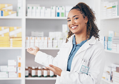 Buy stock photo Pharmacist woman, portrait and shelf choice or show medicine stock, product and happy customer service. Biracial doctor or medical professional in pharmacy for inventory of drugs and healthcare store