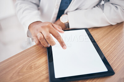 Buy stock photo Mockup, typing and hand of doctor on a tablet for healthcare, email and online services. Research, medical and a pharmacist or medic worker scrolling on mock up space screen on tech for communication