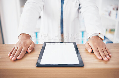 Buy stock photo Tablet, mockup or hands of woman pharmacist on table ready to help with healthcare services. Marketing space, screen or closeup of doctor by desk counter with medicine online research in drugstore