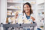 Pointing, pharmacy or portrait of happy woman with medicine in healthcare retail or wellness clinic. Smile, help desk or pharmacist doctor smiling to promote medication products or pills in drugstore