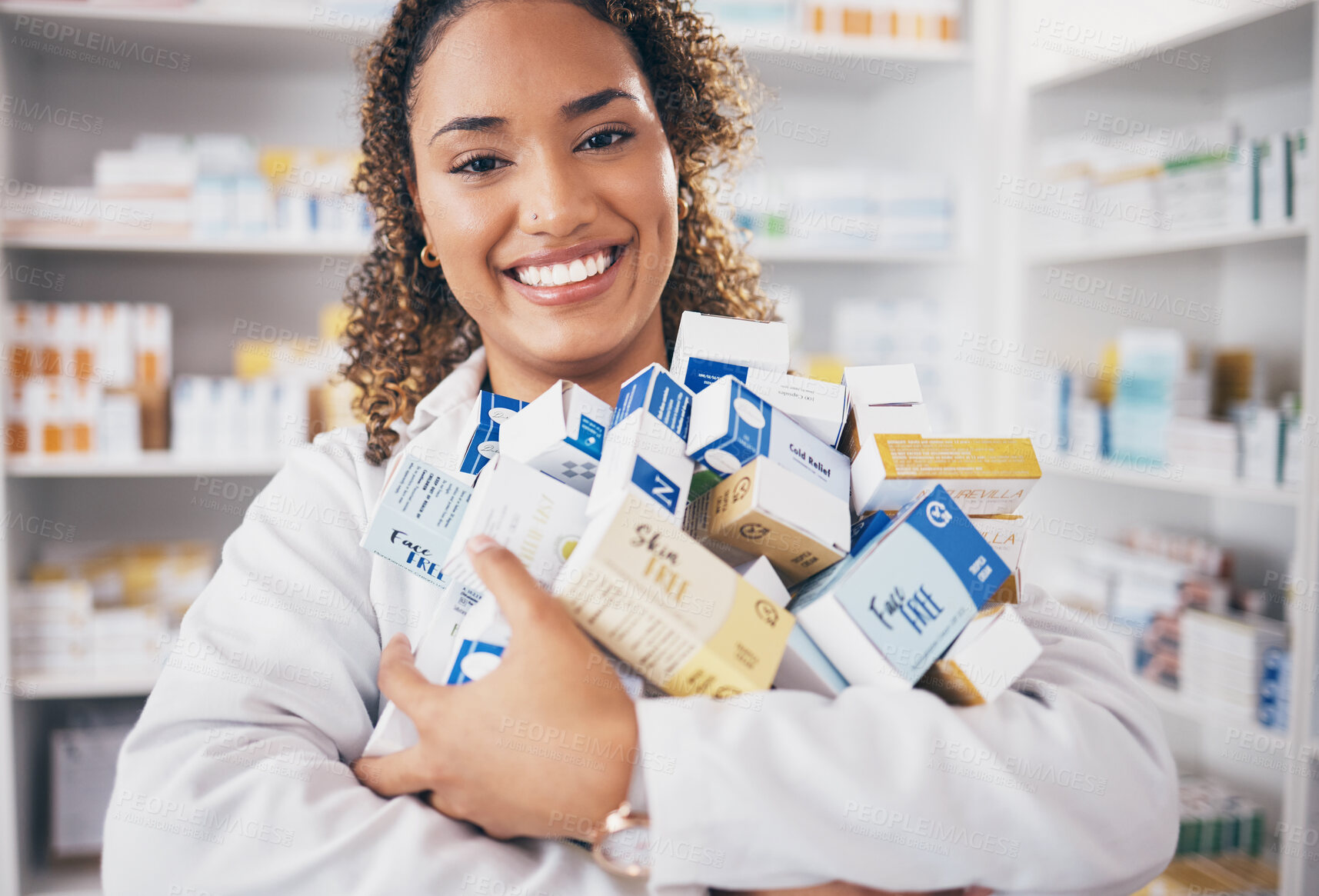 Buy stock photo Happy woman in portrait, pills and pharmacist in pharmacy with healthcare and medicine in drug store. Vitamins, supplements and female smile with prescription medication in pharmaceutical industry