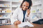 Phone call, counter and pharmacy woman for medicine, customer service or virtual healthcare support. Happy doctor, medical person or pharmacist for checklist, writing notes and telephone at help desk