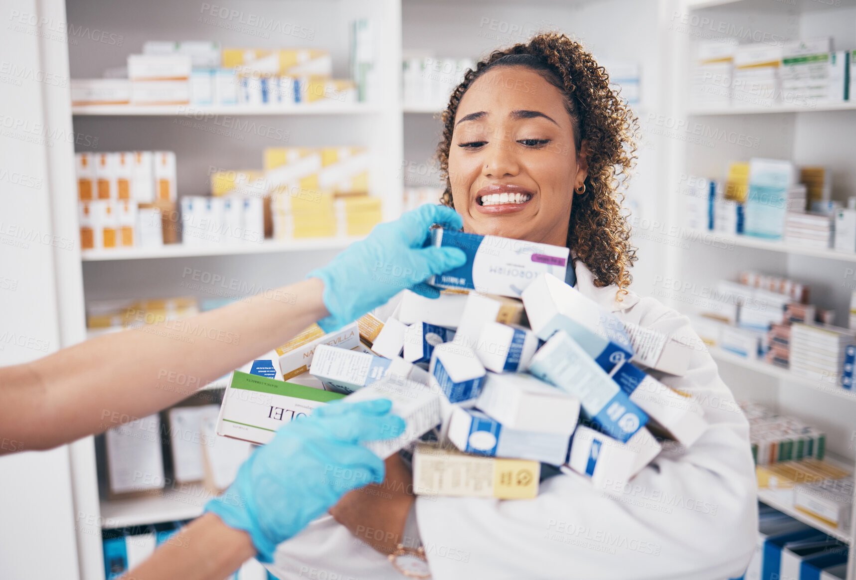 Buy stock photo Pills, stock stress and woman pharmacist with medicine box, retail and supplements in a pharmacy with chaos. Healthcare, wellness and shop worker doing inventory for medication sales with anxiety