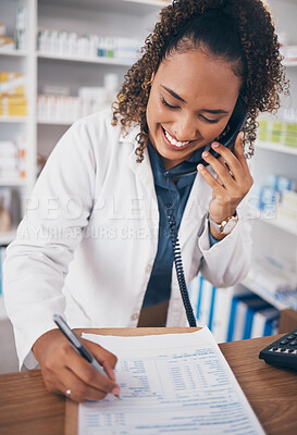 Buy stock photo Phone call, pharmacy and pharmacist woman with medicine checklist, customer service or virtual healthcare support. Happy doctor writing medical note, health insurance document and telephone help desk