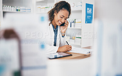 Buy stock photo Phone call, pharmacist or woman in pharmacy writing with smile in customer services or healthcare clinic. Help desk, welcome or happy doctor speaking, consulting or talking in medication on drugstore