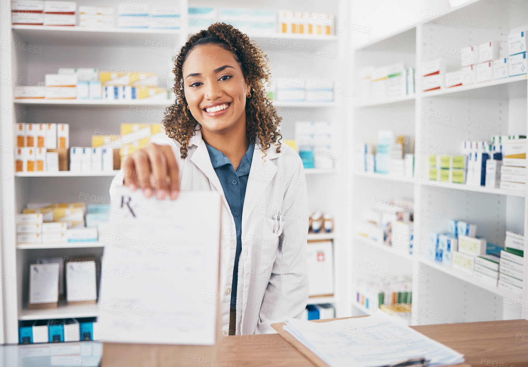 Buy stock photo Pharmacy portrait, medicine bag or happy woman giving package to pov patient in customer services. Pharmacist help desk, smile or doctor with pharmaceutical note or medical product receipt in clinic