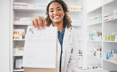 Buy stock photo Pharmacy, medicine bag or portrait of woman giving package to pov patient in customer services. Healthcare help desk, pharmacist or happy doctor with pharmaceutical note or medical product receipt